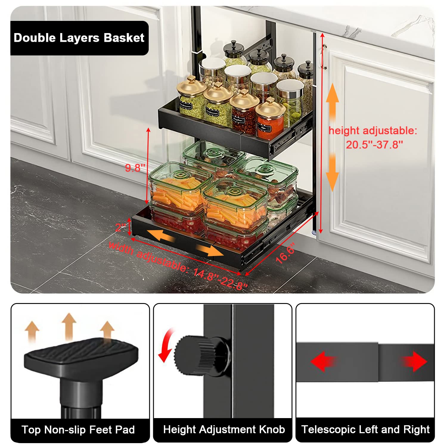 moapm Pull Out Cabinet Organizer Wire Basket Slide Out Cabinet Drawer 2 Tier Individual Storage Shelves Spice Rack Under Sink Organizers and Storage for Kitchen, Bathroom Double Layer