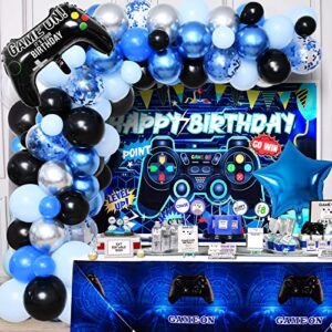 winrayk video game party decorations birthday supplies game balloons garland arch kit backdrop game on tablecloth star gamepad foil balloon boy girl kids teen gamer birthday party decorations supplies