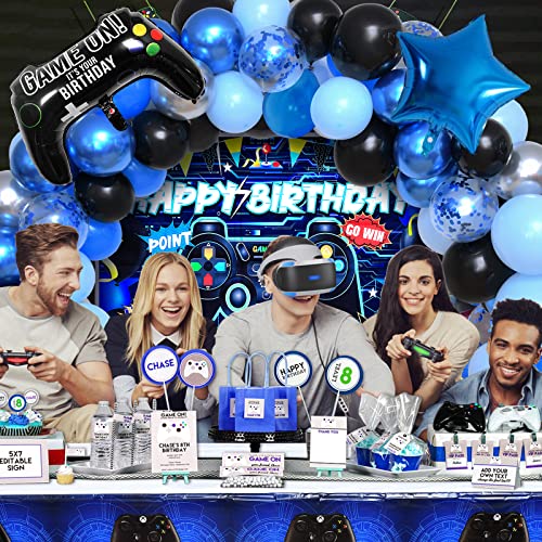 Winrayk Video Game Party Decorations Birthday Supplies Game Balloons Garland Arch kit Backdrop Game On Tablecloth Star Gamepad Foil Balloon Boy Girl Kids Teen Gamer Birthday Party Decorations Supplies