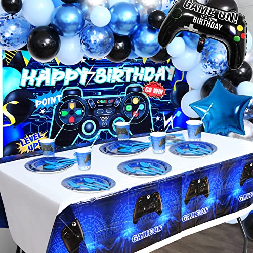 Winrayk Video Game Party Decorations Birthday Supplies Game Balloons Garland Arch kit Backdrop Game On Tablecloth Star Gamepad Foil Balloon Boy Girl Kids Teen Gamer Birthday Party Decorations Supplies