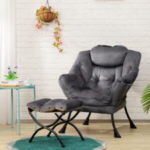 HollyHOME Fabric Lazy Chair with Foldable Ottoman, Accent Comfy Lounge Arm Chair and Folding Footrest Stool Set, Leisure Sofa Reading Chair and Footstool for Living Room, Bedroom, Dorm, Smoky Grey