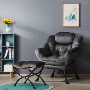 HollyHOME Fabric Lazy Chair with Foldable Ottoman, Accent Comfy Lounge Arm Chair and Folding Footrest Stool Set, Leisure Sofa Reading Chair and Footstool for Living Room, Bedroom, Dorm, Smoky Grey