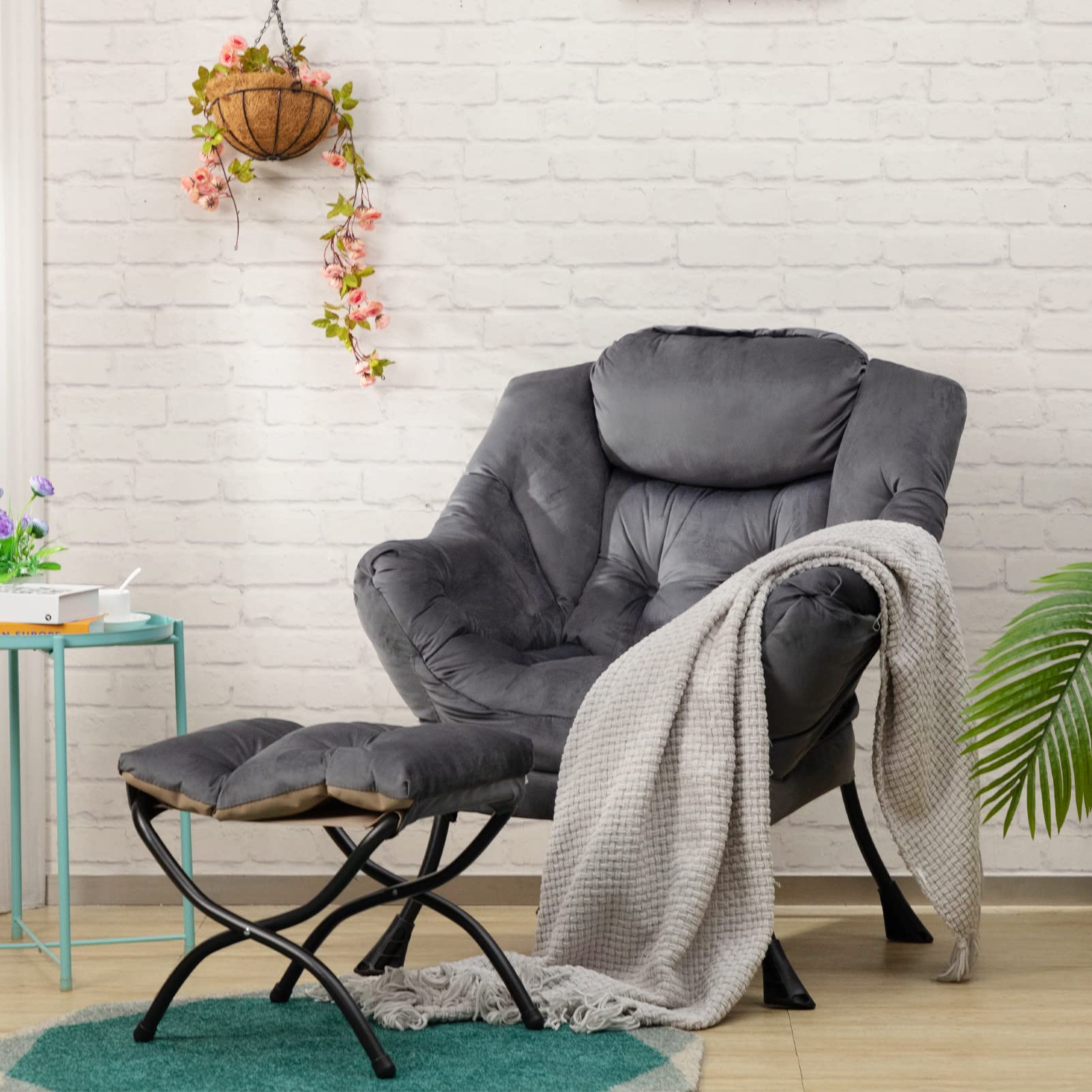 HollyHOME Fabric Lazy Chair with Foldable Ottoman, Accent Comfy Lounge Arm Chair and Folding Footrest Stool Set, Leisure Sofa Reading Chair and Footstool for Living Room, Bedroom, Dorm, Smoky Grey