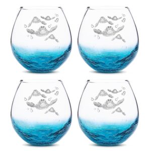 Mothers Day Gifts for Mom and Grandma, Etched Sea Turtles Family Handmade Engraved Crackle Turquoise Beach Wine Glasses