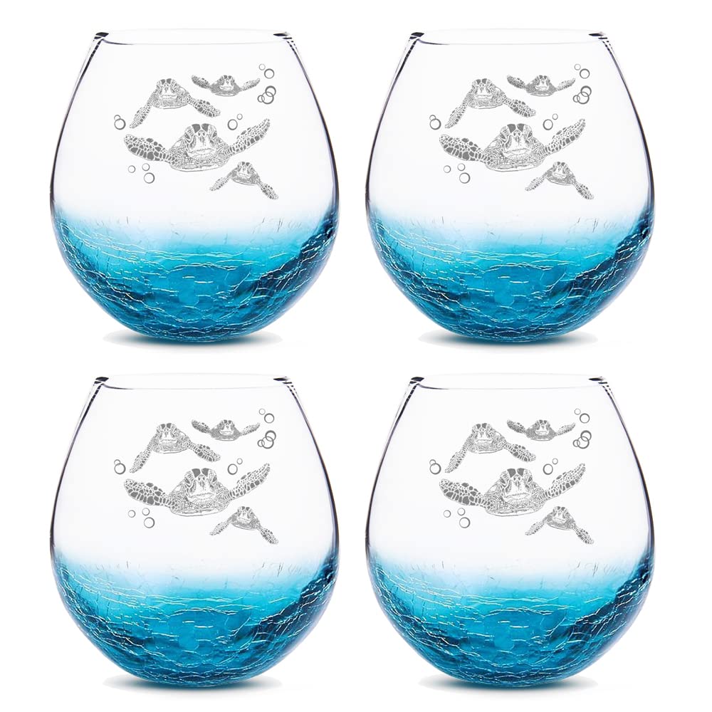 Mothers Day Gifts for Mom and Grandma, Etched Sea Turtles Family Handmade Engraved Crackle Turquoise Beach Wine Glasses