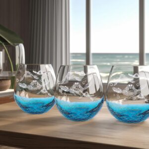 Mothers Day Gifts for Mom and Grandma, Etched Sea Turtles Family Handmade Engraved Crackle Turquoise Beach Wine Glasses