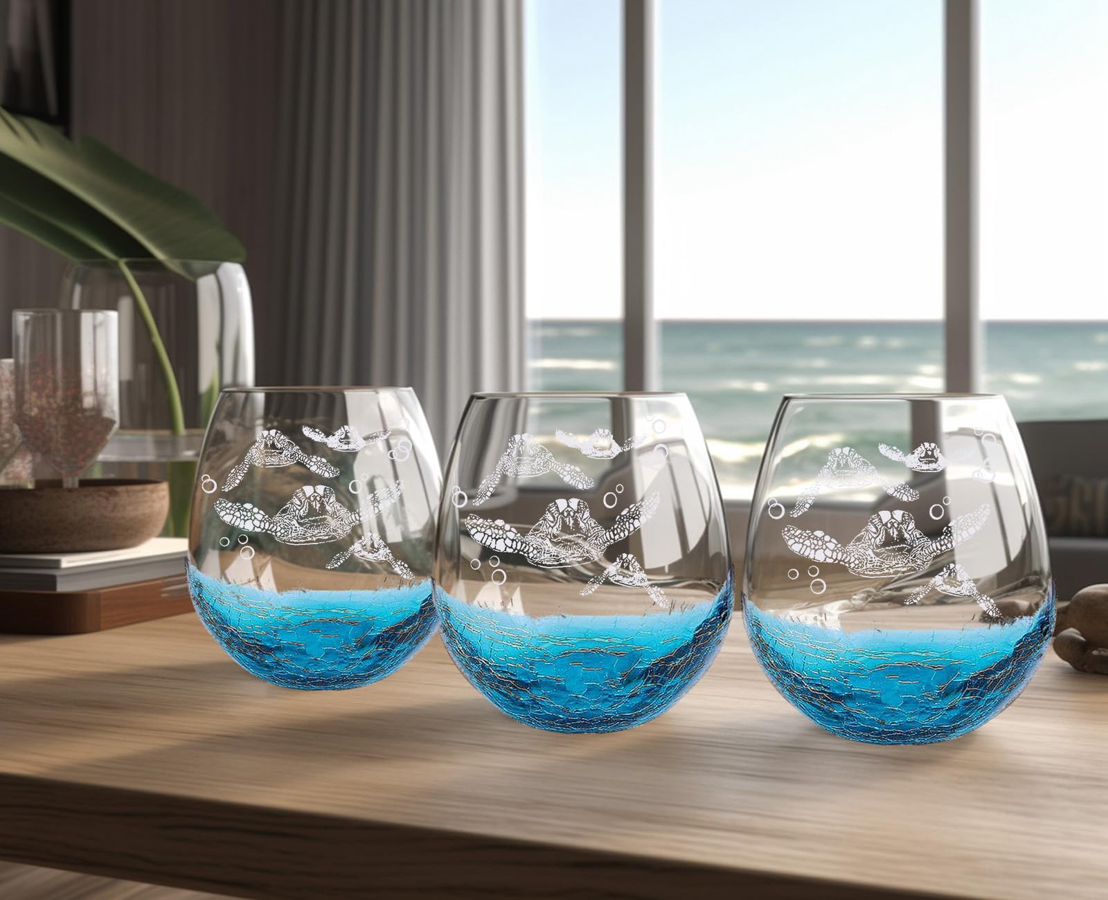 Mothers Day Gifts for Mom and Grandma, Etched Sea Turtles Family Handmade Engraved Crackle Turquoise Beach Wine Glasses