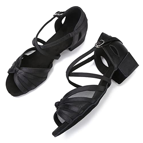 Low Heel Ballroom Latin Salsa Dance Shoes Women Practice Dancing Sandals for Social Beginner 1.5" Heel LX02 (8.5, Black-1.5 Inch Heel)