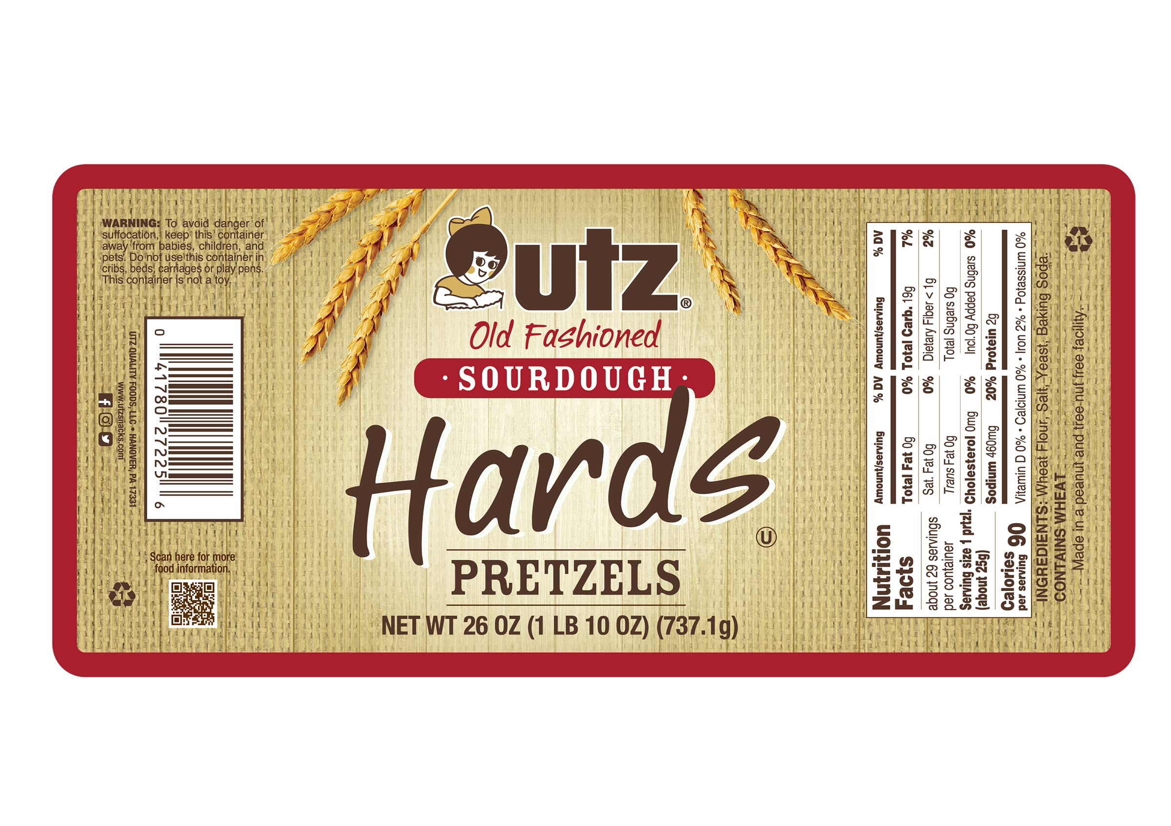 Utz Old Fashioned Sourdough Hard Pretzels – 26 oz Barrel (2 Count) – Big and Thick Classic Pretzel Twists, Crunchy Sourdough Pretzel with Zero Cholesterol, Brown