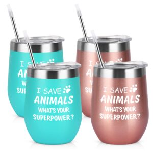 i save animals, whats your superpower- stainless steel 4 pack wine tumbler with lid, birthday christmas ideas for veterinarian veterinary technician, doctor assistant graduation(12oz, rose gold&mint)
