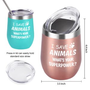 I Save Animals, Whats Your Superpower- Stainless Steel 4 Pack Wine Tumbler with Lid, Birthday Christmas Ideas for Veterinarian Veterinary Technician, Doctor Assistant Graduation(12oz, Rose Gold&Mint)