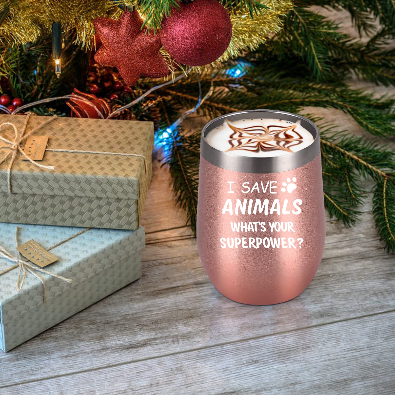 I Save Animals, Whats Your Superpower- Stainless Steel 4 Pack Wine Tumbler with Lid, Birthday Christmas Ideas for Veterinarian Veterinary Technician, Doctor Assistant Graduation(12oz, Rose Gold&Mint)