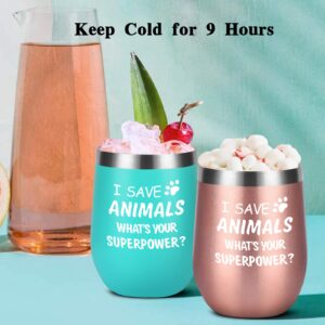 I Save Animals, Whats Your Superpower- Stainless Steel 4 Pack Wine Tumbler with Lid, Birthday Christmas Ideas for Veterinarian Veterinary Technician, Doctor Assistant Graduation(12oz, Rose Gold&Mint)