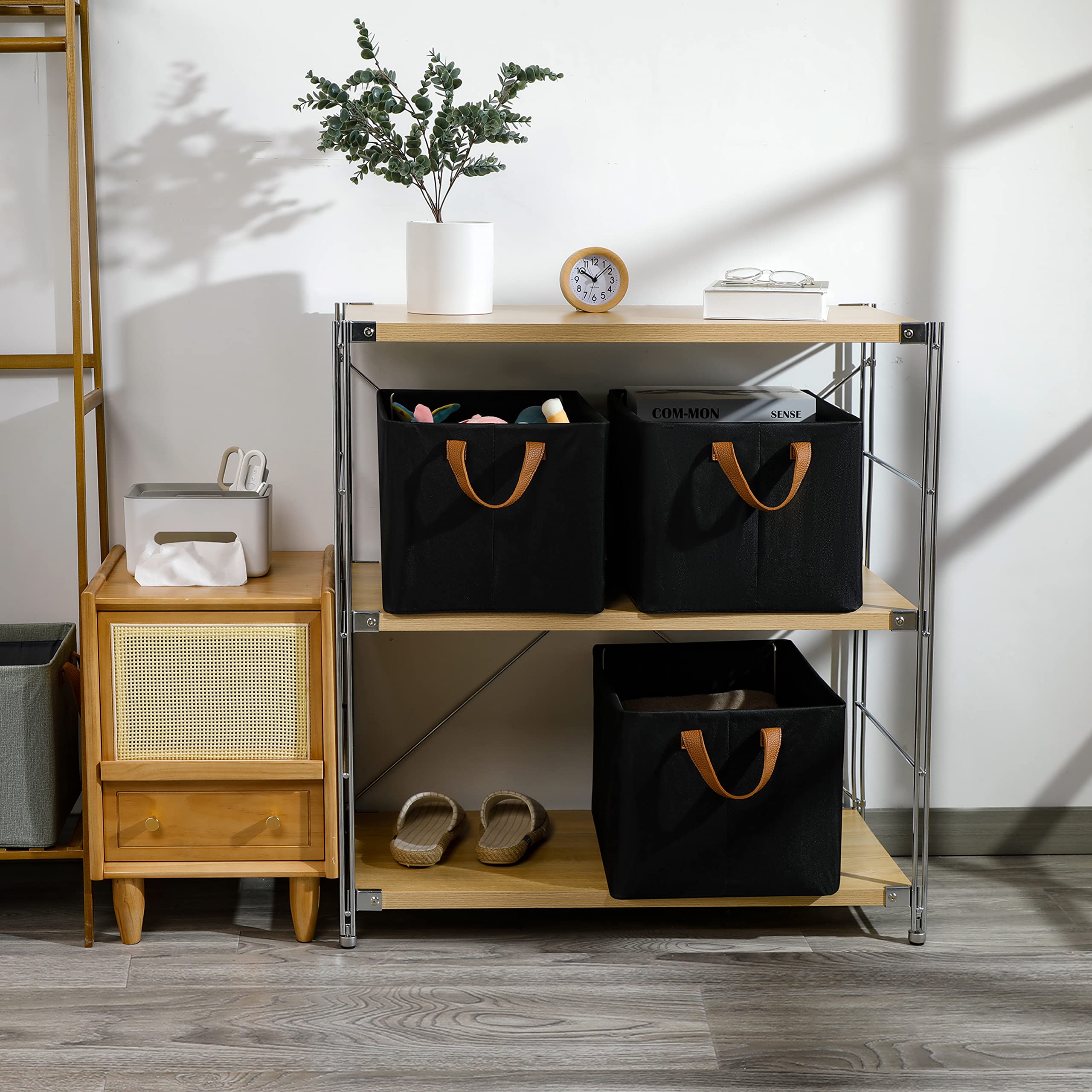 Furnhome Fabric Storage Bins for Shelves,Large Storage Basket for Organizing with Metal Frame, Flodable Storage Bins with Handles for Closet, Black, 3-Pack