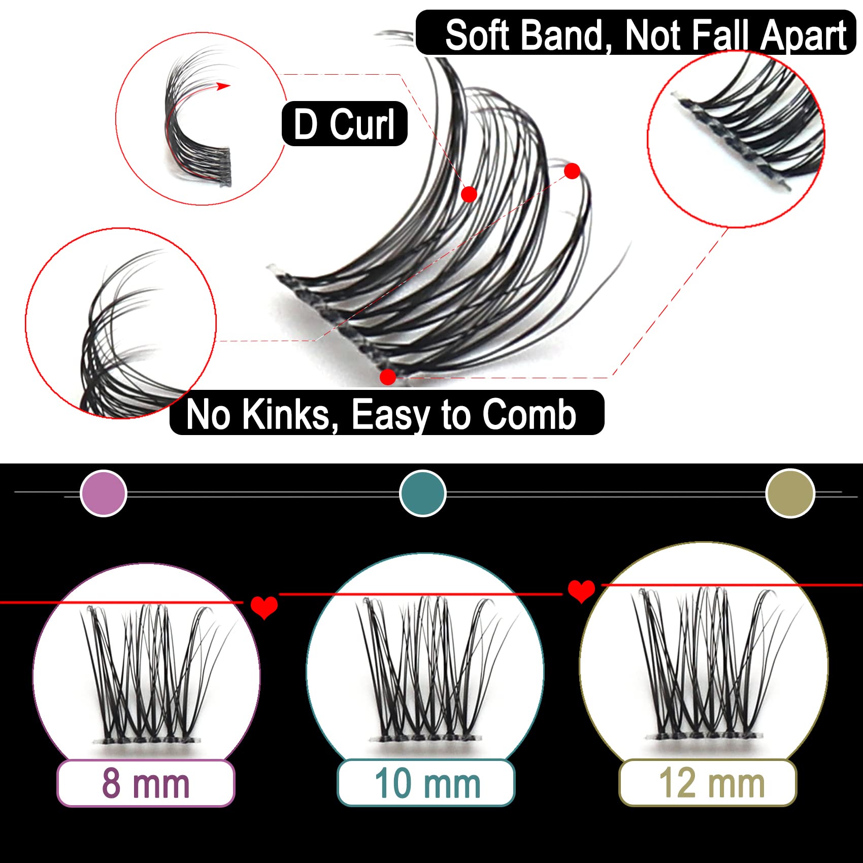 Cluster Lashes DIY Eyelash Extension Volume Wide Stem Individual Lashes with Clear Band D Curl 39 Clusters Natural Fluffy Makeup at Home Lashes(FD02-8/10/12mm)