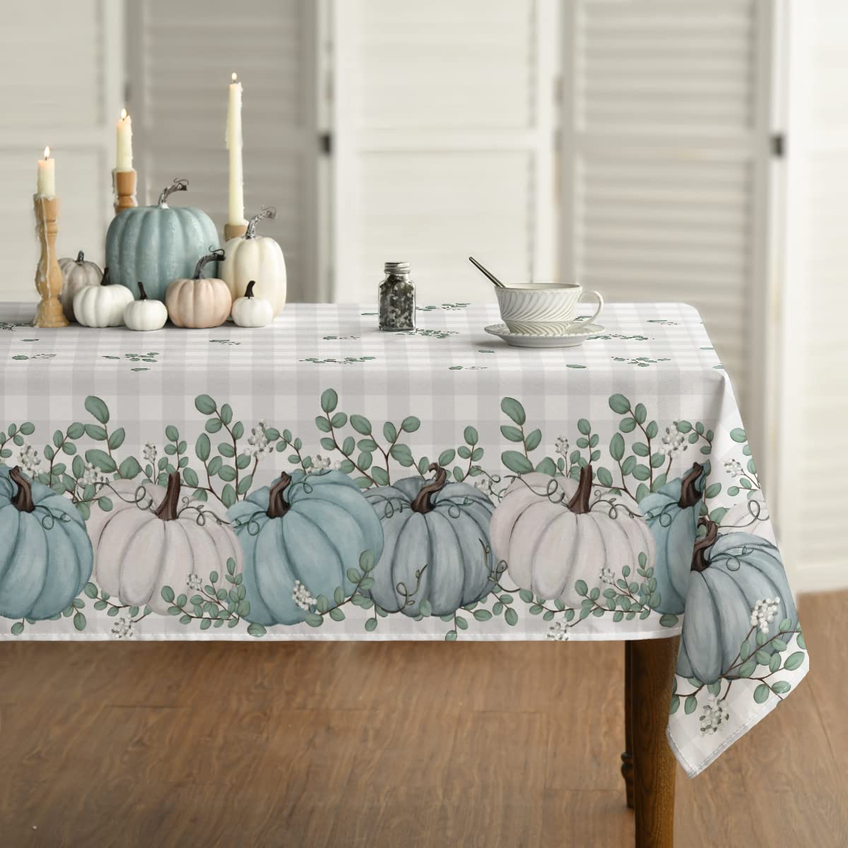 Horaldaily Fall Tablecloth 60x84 Inch Rectangular, Thanksgiving Autumn Harvest Blue Pumpkin Buffalo Plaid Table Cover for Party Picnic Dinner Decor