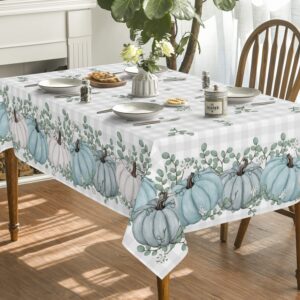 Horaldaily Fall Tablecloth 60x84 Inch Rectangular, Thanksgiving Autumn Harvest Blue Pumpkin Buffalo Plaid Table Cover for Party Picnic Dinner Decor