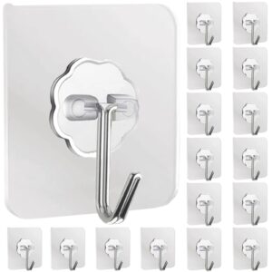 adhesive hooks for hanging, stainless steel 16 pack sticky wall hooks 22lb(max) removable, heavy duty self adhesive hooks waterproof oilproof for bathroom shower kitchen outdoor towel keys, clear