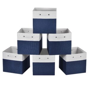 finishingbo 13x13x13 cube storage bins, collapsible fabric storage cubes organizer , foldable large storage baskets for nursery, toys organizing closet, shelf cabinet（6pack, white and navy blue