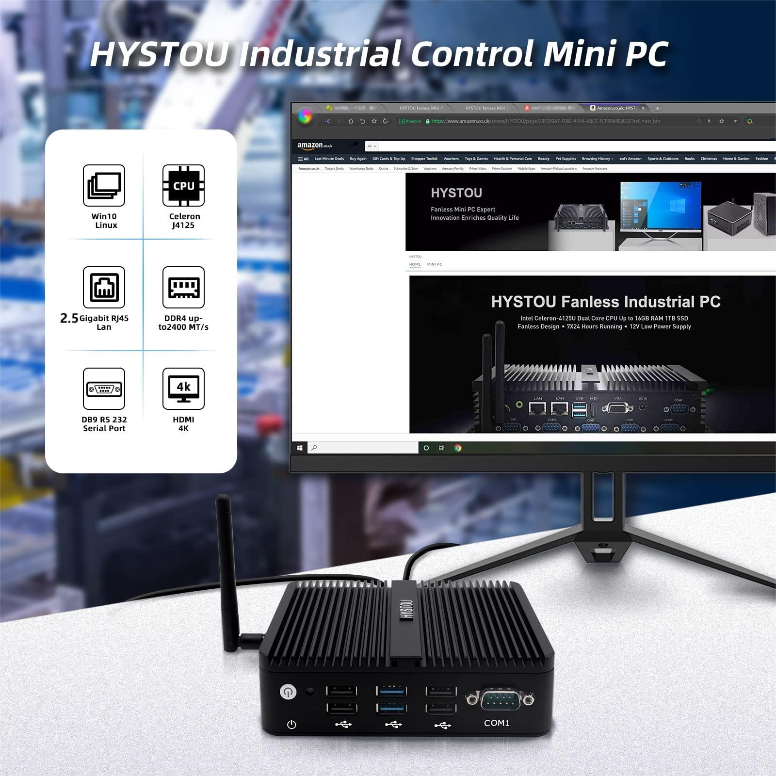 HYSTOU Mini Industrial Computer Celeron J4125 with 8GB DDR4 256GB SSD OPNsense Router Firewalls Fanless Mini PC Windows 10 Pro 4 x RJ45 LAN Network Micro Appliance 4K HD Wifi2.4G+5.0G BT