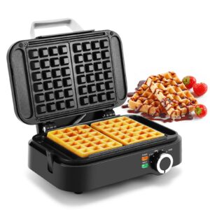 Belgian Waffle Maker MONXOOK, Non-Stick Waffle Iron with 6 Browning Control, Makes 2 Slices of 1" Thick Waffles, Mess-Free Sides, PFOA Free, Stainless Steel/Black