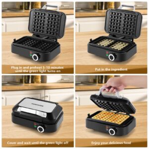 Belgian Waffle Maker MONXOOK, Non-Stick Waffle Iron with 6 Browning Control, Makes 2 Slices of 1" Thick Waffles, Mess-Free Sides, PFOA Free, Stainless Steel/Black