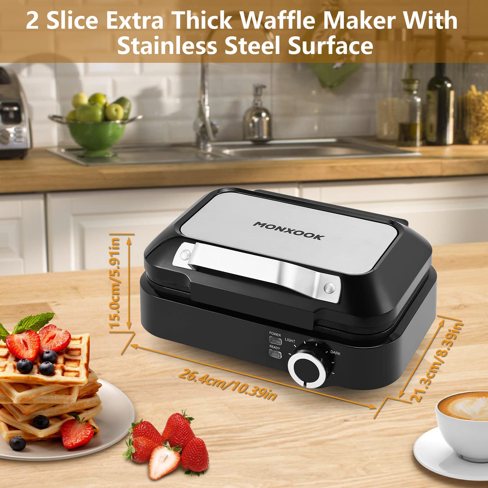 Belgian Waffle Maker MONXOOK, Non-Stick Waffle Iron with 6 Browning Control, Makes 2 Slices of 1" Thick Waffles, Mess-Free Sides, PFOA Free, Stainless Steel/Black