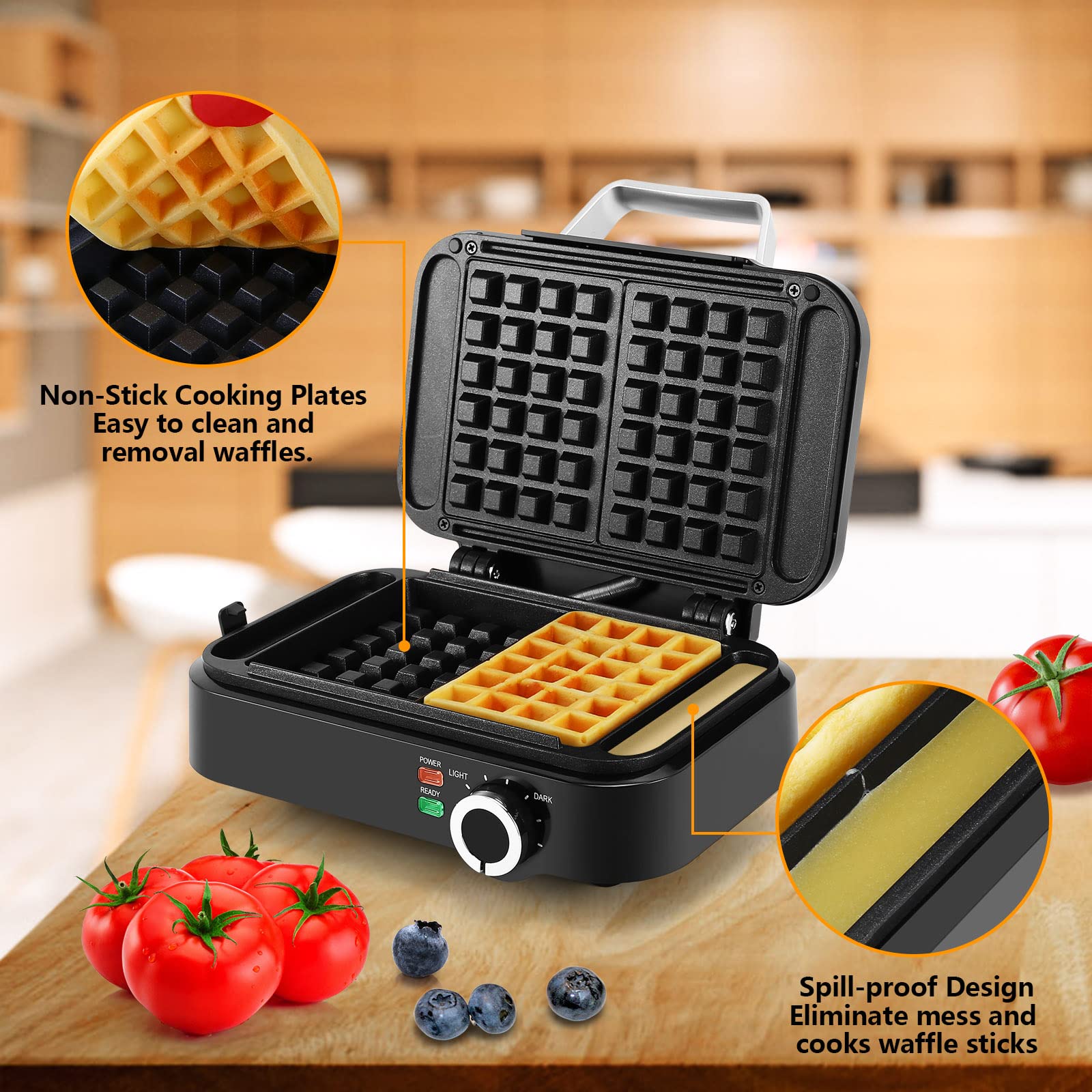 Belgian Waffle Maker MONXOOK, Non-Stick Waffle Iron with 6 Browning Control, Makes 2 Slices of 1" Thick Waffles, Mess-Free Sides, PFOA Free, Stainless Steel/Black