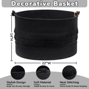 CherryNow Extra Large Black Laundry Basket, Rope Storage Basket for Bathroom, Bedroom, Living room, Entryway, Big Blanket Basket for Pillows, Toys, Clothes, 22 x 14 inches