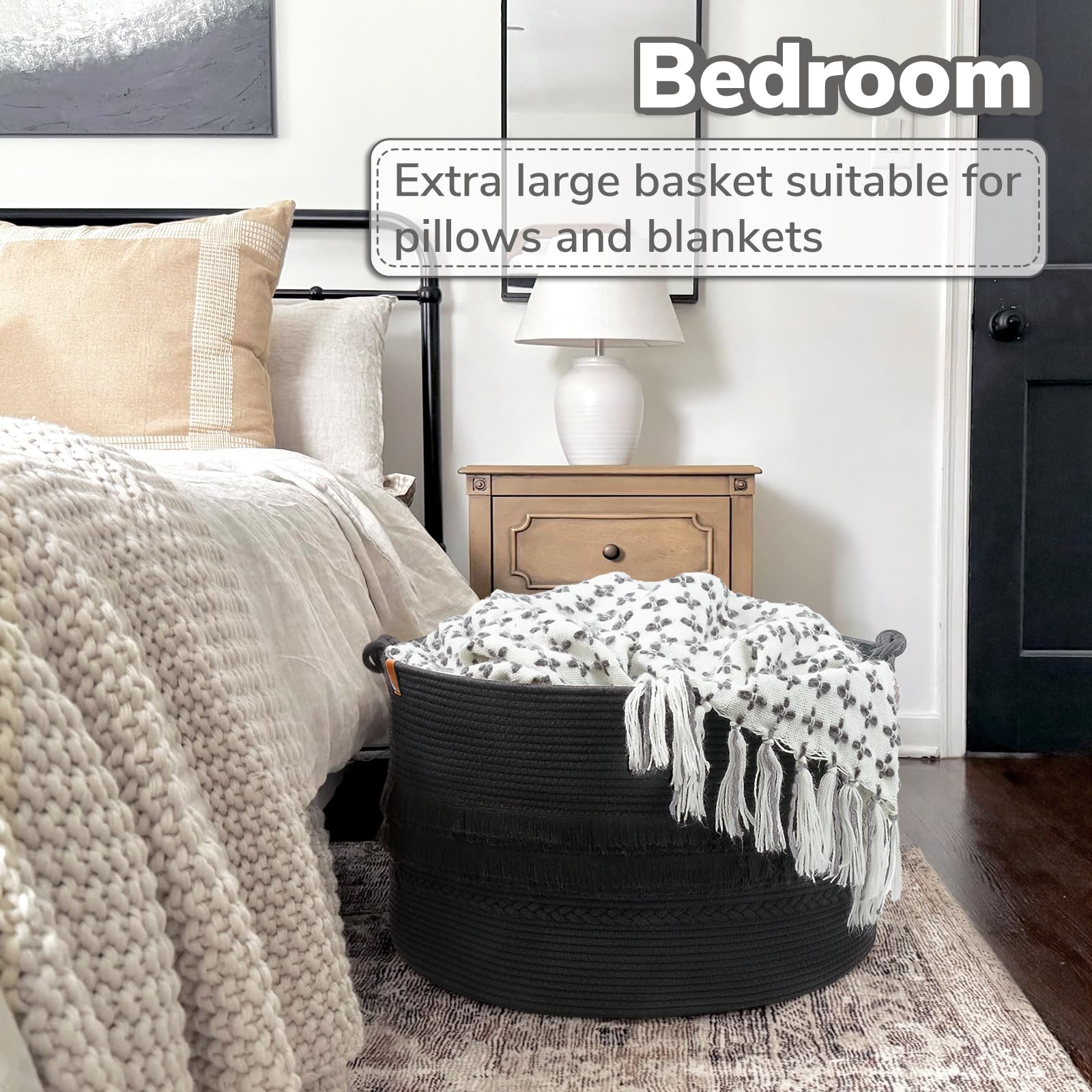 CherryNow Extra Large Black Laundry Basket, Rope Storage Basket for Bathroom, Bedroom, Living room, Entryway, Big Blanket Basket for Pillows, Toys, Clothes, 22 x 14 inches