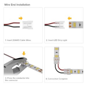 SEZO 3528 5630 5730 5050 UV Light Strip Connectors Kit 12PCS 2PIN 10mm Transparent Unwired Gapless Solderless LED Light Strip to Wire Connectors + 6PCS 15cm Long 20AWG Extension Wire