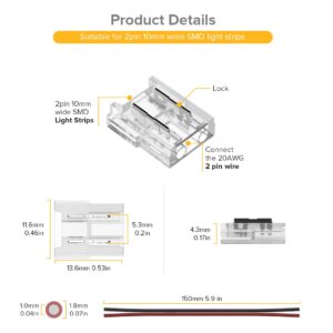 SEZO 3528 5630 5730 5050 UV Light Strip Connectors Kit 12PCS 2PIN 10mm Transparent Unwired Gapless Solderless LED Light Strip to Wire Connectors + 6PCS 15cm Long 20AWG Extension Wire