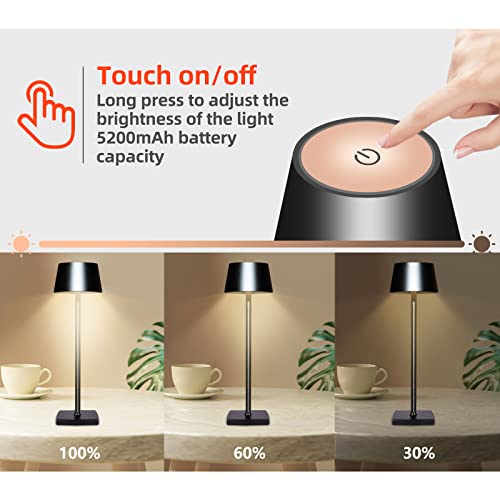 MJYP.in Cordless Table Lamp, USB Rechargeable Portable Battery Powered LED Desk Lamp, 5200mAh Battery, Dimmable Touch Lamp, Metal Shell, for Outdoor/Restaurant/Bedroom/Bars (Black)