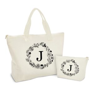 Binggemen Personalized Initial Canvas Tote Bag with Zipper, Present Bag with Inner Pocket & Make Up Bag, Great Gifts for Women, Mom, Teachers, Friends, Bridesmaids