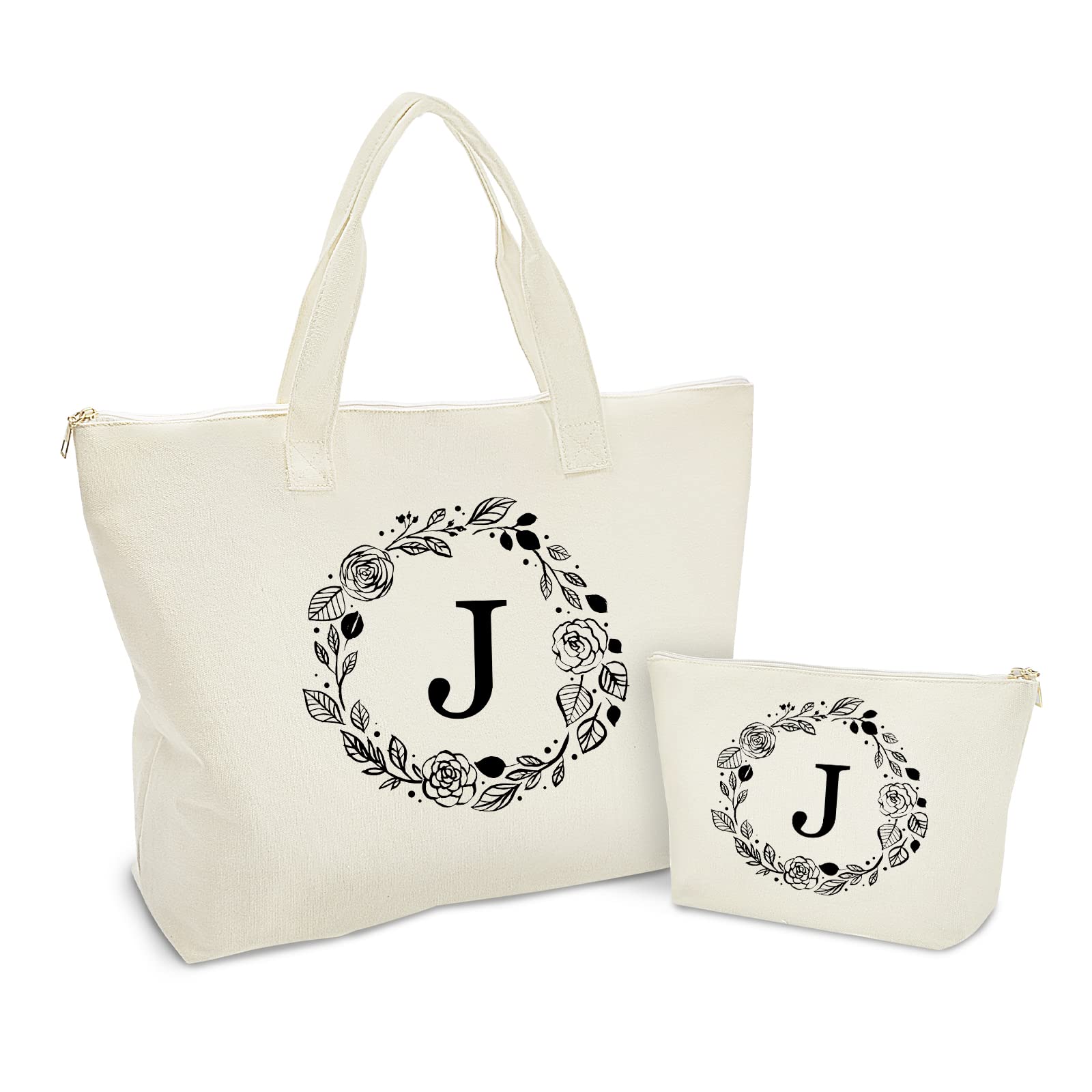 Binggemen Personalized Initial Canvas Tote Bag with Zipper, Present Bag with Inner Pocket & Make Up Bag, Great Gifts for Women, Mom, Teachers, Friends, Bridesmaids