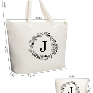 Binggemen Personalized Initial Canvas Tote Bag with Zipper, Present Bag with Inner Pocket & Make Up Bag, Great Gifts for Women, Mom, Teachers, Friends, Bridesmaids