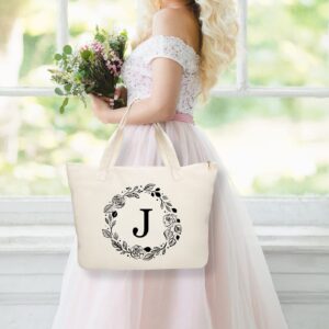 Binggemen Personalized Initial Canvas Tote Bag with Zipper, Present Bag with Inner Pocket & Make Up Bag, Great Gifts for Women, Mom, Teachers, Friends, Bridesmaids