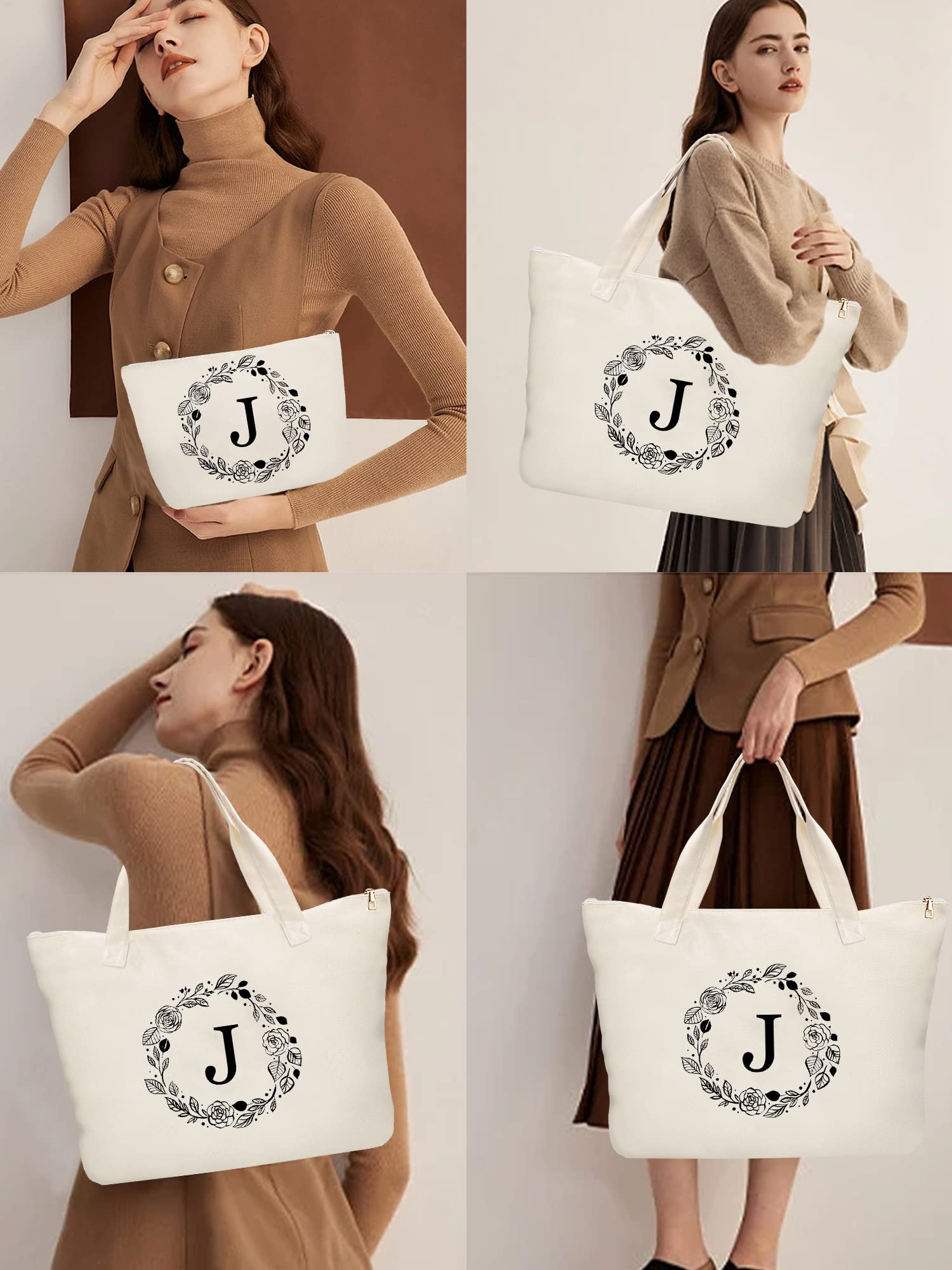 Binggemen Personalized Initial Canvas Tote Bag with Zipper, Present Bag with Inner Pocket & Make Up Bag, Great Gifts for Women, Mom, Teachers, Friends, Bridesmaids