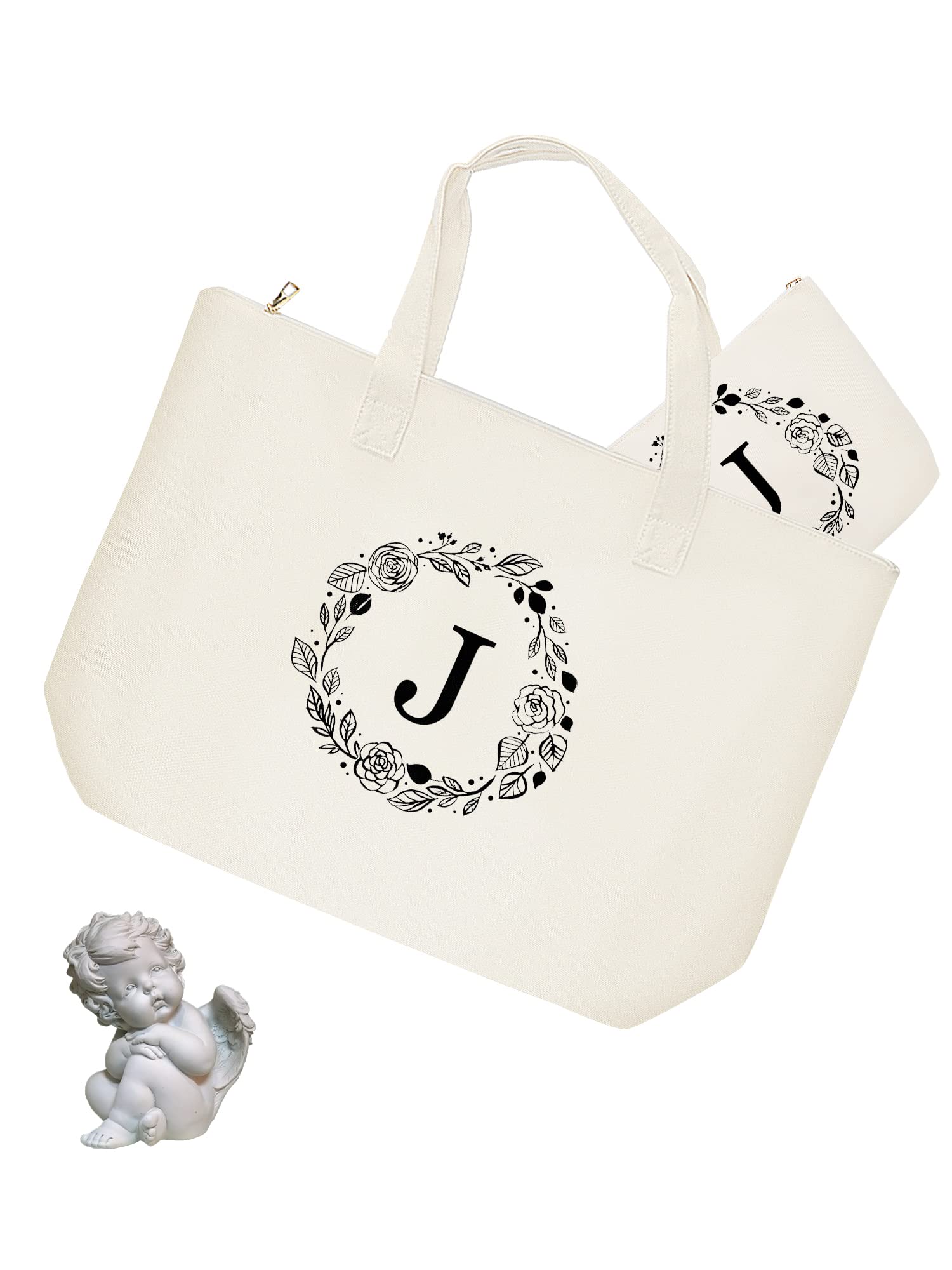 Binggemen Personalized Initial Canvas Tote Bag with Zipper, Present Bag with Inner Pocket & Make Up Bag, Great Gifts for Women, Mom, Teachers, Friends, Bridesmaids