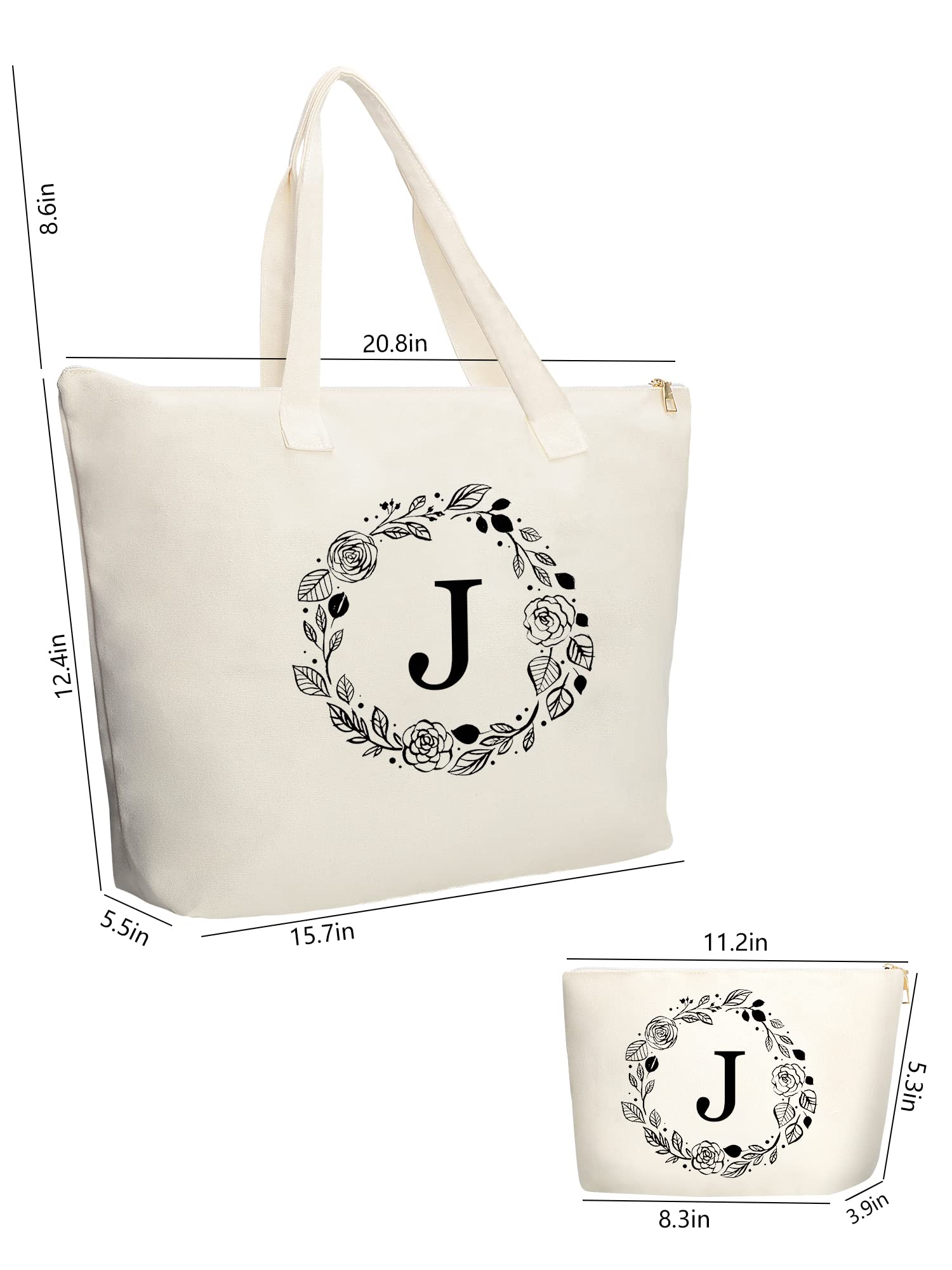 Binggemen Personalized Initial Canvas Tote Bag with Zipper, Present Bag with Inner Pocket & Make Up Bag, Great Gifts for Women, Mom, Teachers, Friends, Bridesmaids