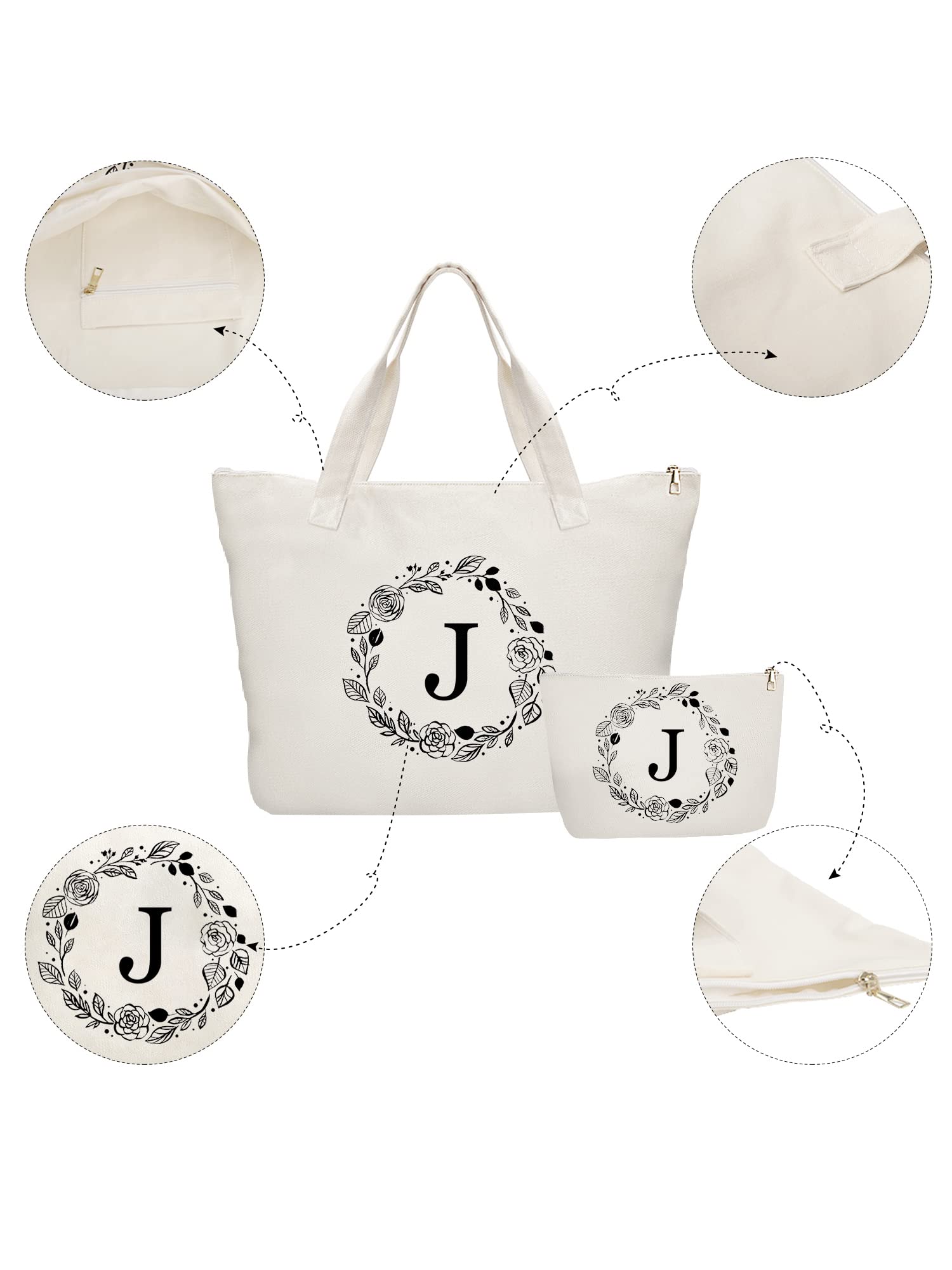 Binggemen Personalized Initial Canvas Tote Bag with Zipper, Present Bag with Inner Pocket & Make Up Bag, Great Gifts for Women, Mom, Teachers, Friends, Bridesmaids