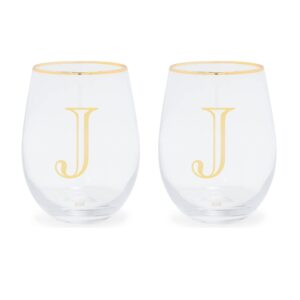 mary square monogrammed j gold foil 16 ounce glass stemless wine glass set of 2