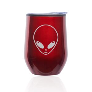 stemless wine tumbler coffee travel mug glass with lid alien head (red)