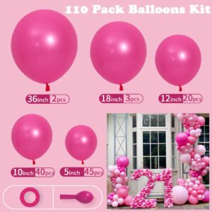 MOMOHOO Hot Pink Balloons Garland - 110Pcs 36/18/12/10/5 Inch Dark Pink Balloons Different Sizes, Big Pink Latex Balloons 36 Inch, Gender Reveal Balloon Hot Pink Balloon Arch Kit Pink Party Decoration