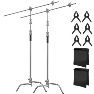 Photography C Stand with Boom Arm: 100% Stainless Steel - Takerers BS11 Heavy Duty Max Height 10.5ft/131inch Light Stands (2 Pack) with 4.2ft/50inch Holding Arm, 2 Grip Head, 2 Sandbag