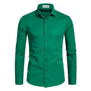 delcarino men's long sleeve button up shirts solid slim fit casual business formal dress shirt green large