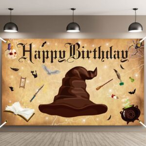 remerry magic wizard happy birthday party supplies halloween magical wizard banner backdrop wizard hat party background photo booth for boys girls birthday halloween wall decoration, 6 x 3.6 feet