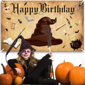 Remerry Magic Wizard Happy Birthday Party Supplies Halloween Magical Wizard Banner Backdrop Wizard Hat Party Background Photo Booth for Boys Girls Birthday Halloween Wall Decoration, 6 x 3.6 Feet