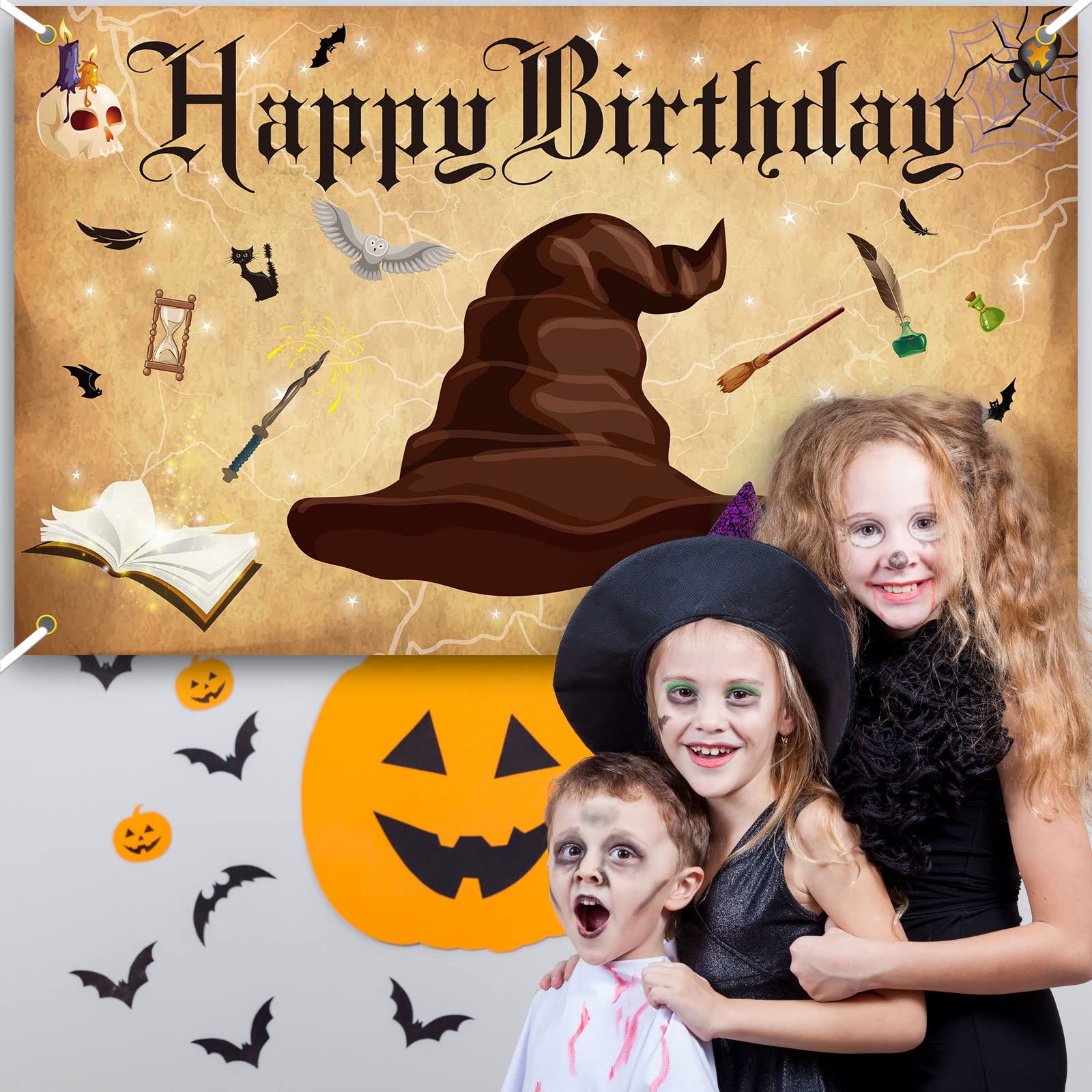 Remerry Magic Wizard Happy Birthday Party Supplies Halloween Magical Wizard Banner Backdrop Wizard Hat Party Background Photo Booth for Boys Girls Birthday Halloween Wall Decoration, 6 x 3.6 Feet