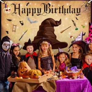 Remerry Magic Wizard Happy Birthday Party Supplies Halloween Magical Wizard Banner Backdrop Wizard Hat Party Background Photo Booth for Boys Girls Birthday Halloween Wall Decoration, 6 x 3.6 Feet